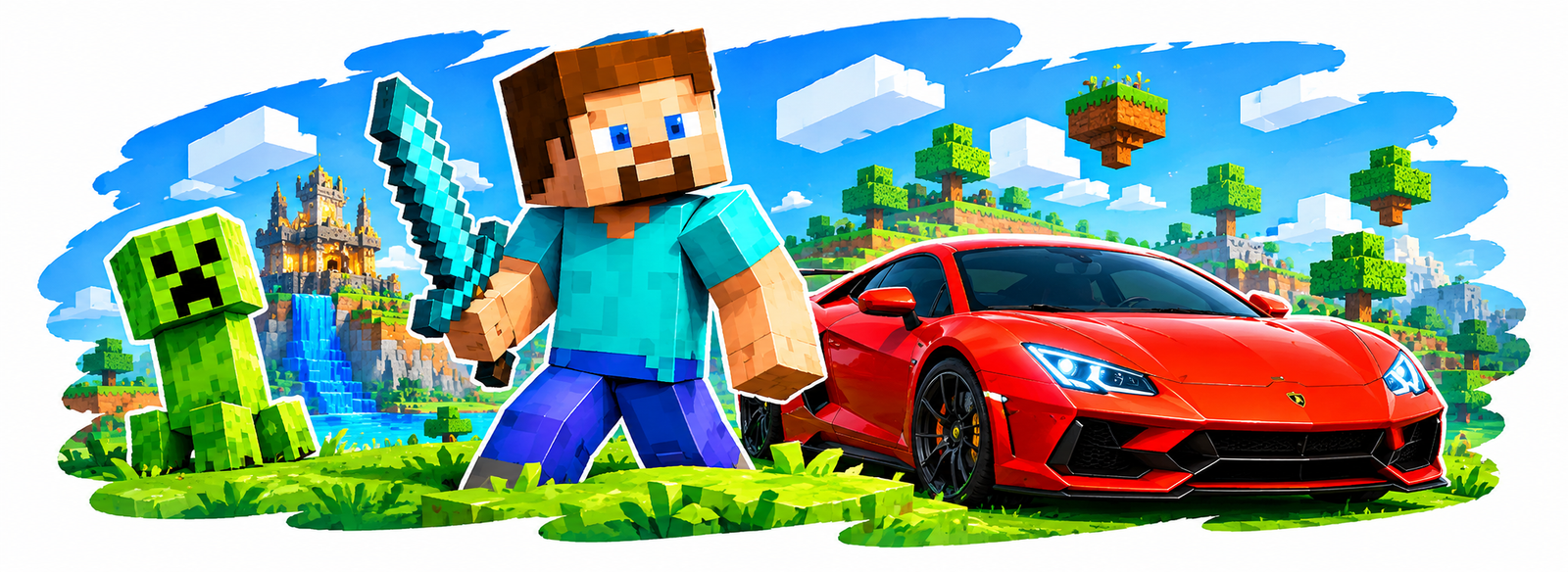 Block-style hero with a game character, green creature, and red sports car
